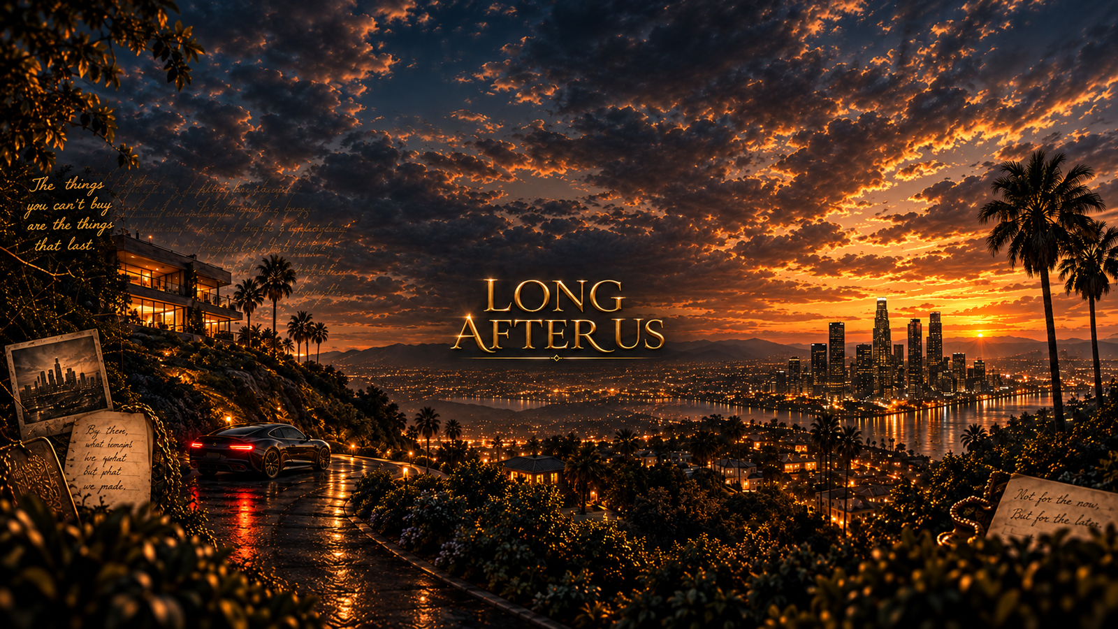 Long After Us above a golden sunset city